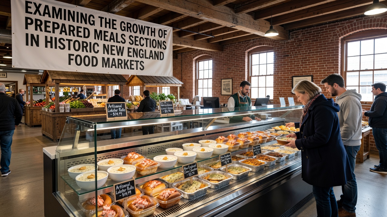 Close-up view of prepared meals display in a historic market featuring labeled containers and staff serving customers