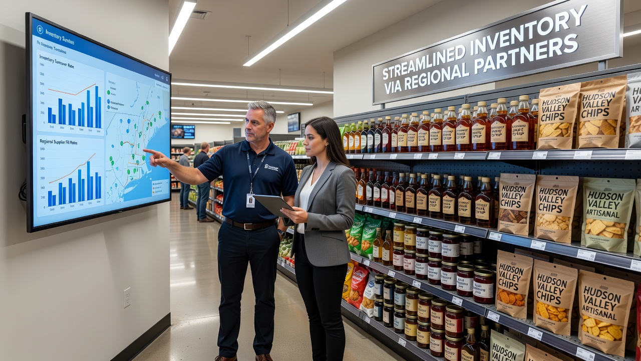 Grocery staff reviewing delivery schedules and inventory data with a regional produce supplier